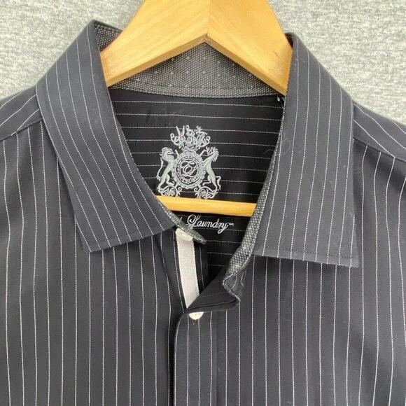 English Laundry Shirt Mens 17.5 Black Pinstriped Button Down Long Sleeve Collar - Picture 6 of 14